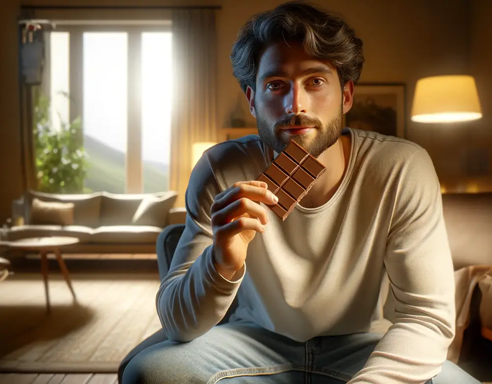 Man enjoying psilocybin chocolate in a cozy living room
