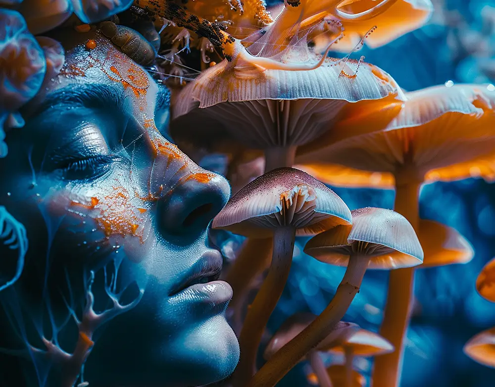 Artistic representation of a face merging with psilocybin mushrooms