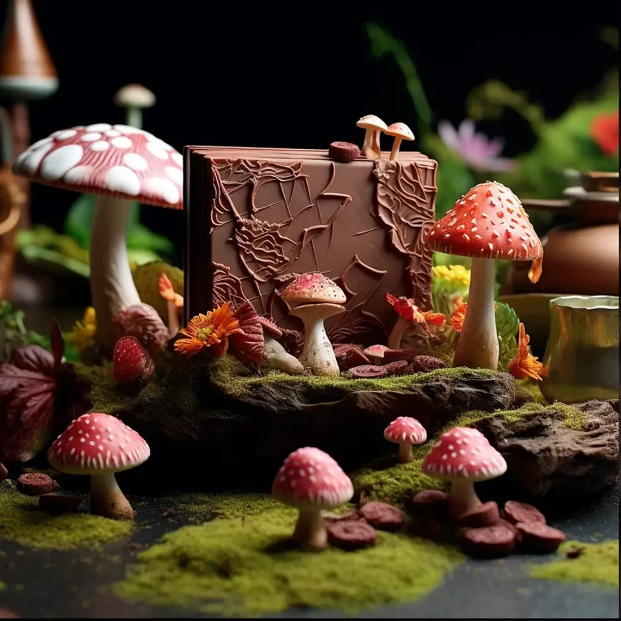 Artistic display of psilocybin chocolate surrounded by mushrooms.