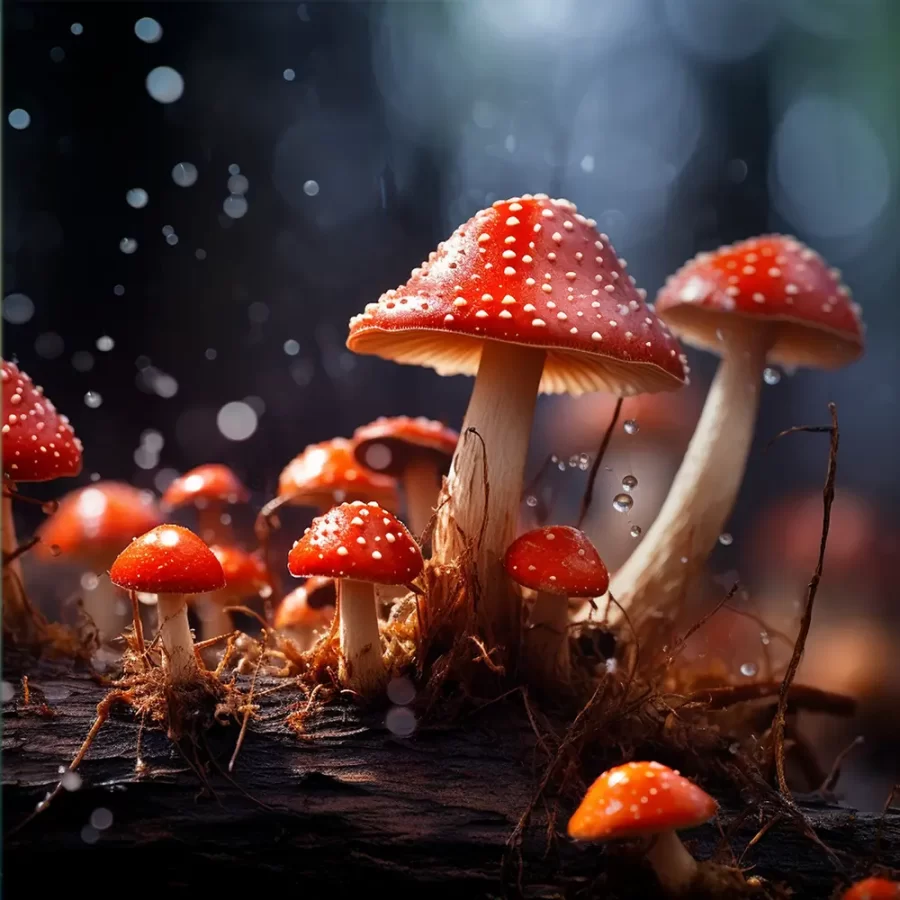 Cluster of vibrant red psilocybin mushrooms with water droplets