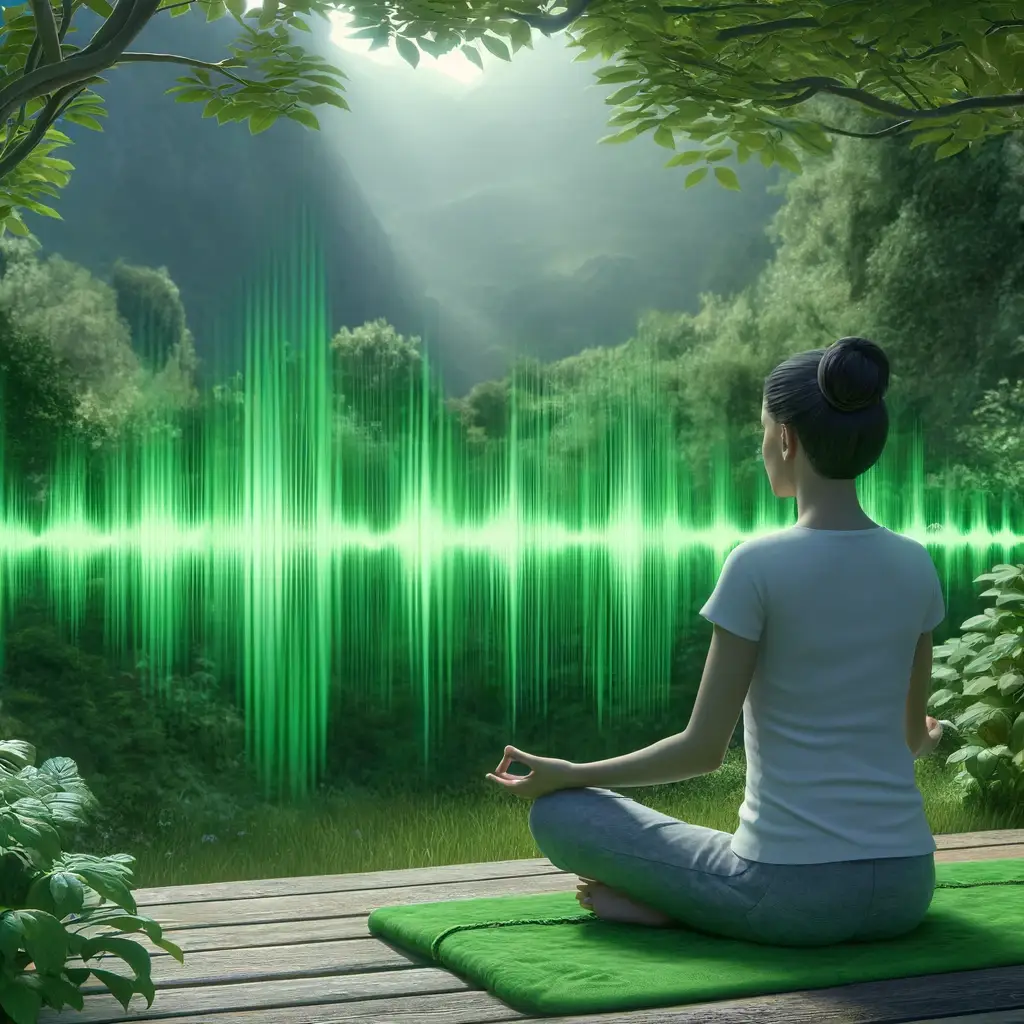 A woman meditating in nature with green sound waves in the background, representing the use of green noise for mindfulness and relaxation.