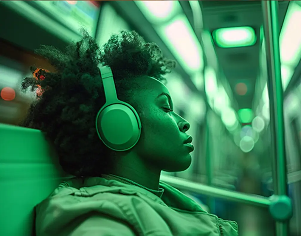 A person wearing headphones in a green-lit environment, symbolizing the use of green noise for relaxation during travel.