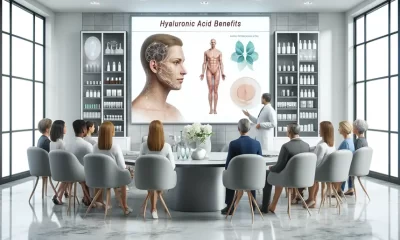 Dermatologist explaining Hyaluronic Acid benefits to patients in a modern clinic setting.