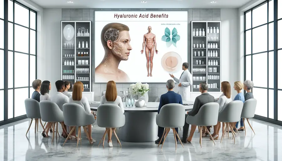 Dermatologist explaining Hyaluronic Acid benefits to patients in a modern clinic setting.