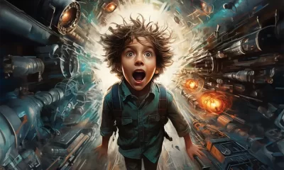 A young boy with a surprised expression, surrounded by a futuristic and chaotic tunnel, representing the overwhelming experience of hyperfocus in ADHD.