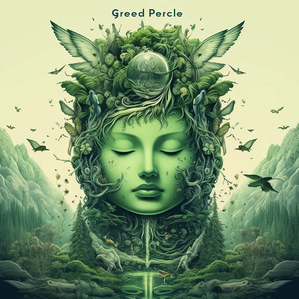 A serene green-themed illustration of a woman's face surrounded by nature, symbolizing relaxation and mindfulness through green noise.