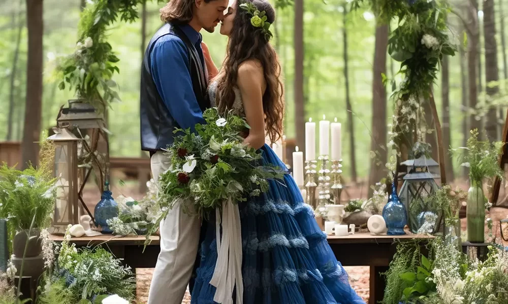 Bride and groom at a forest micro wedding ceremony with greenery and floral decor