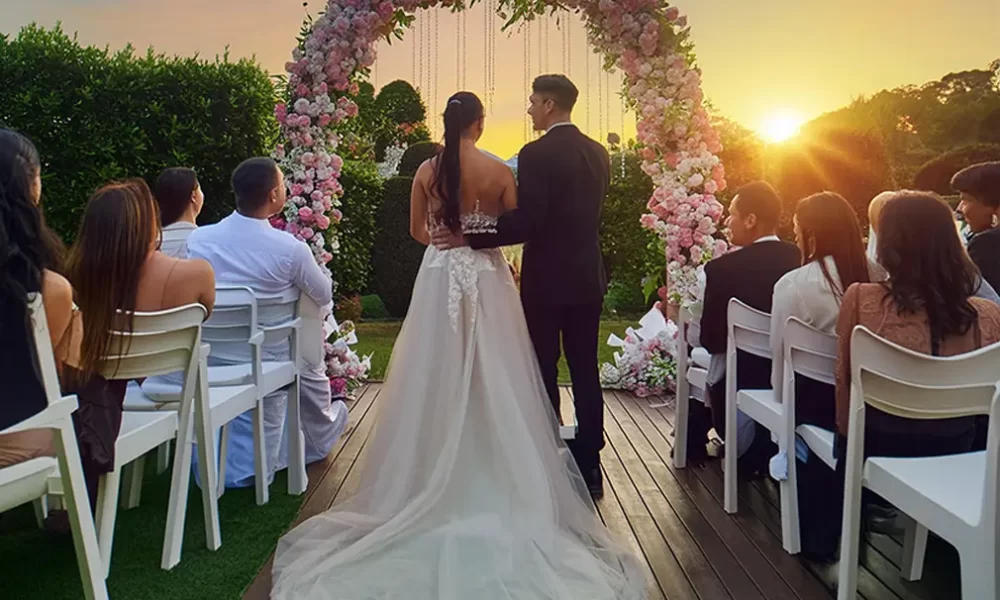 Bride and groom standing under a floral arch at an intimate micro weddings ceremony at sunset.