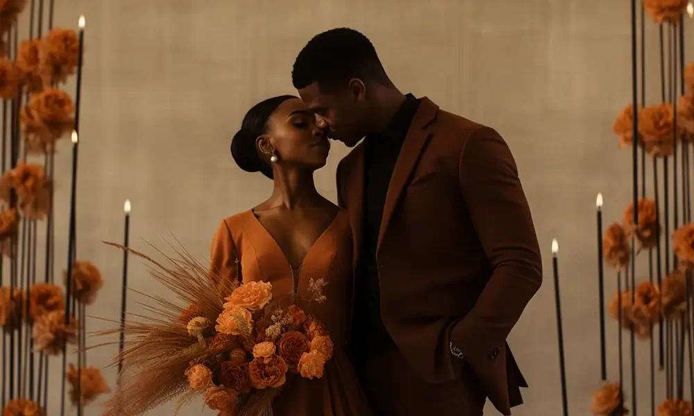 Bride and groom at an intimate micro wedding with orange floral bouquet and candles.