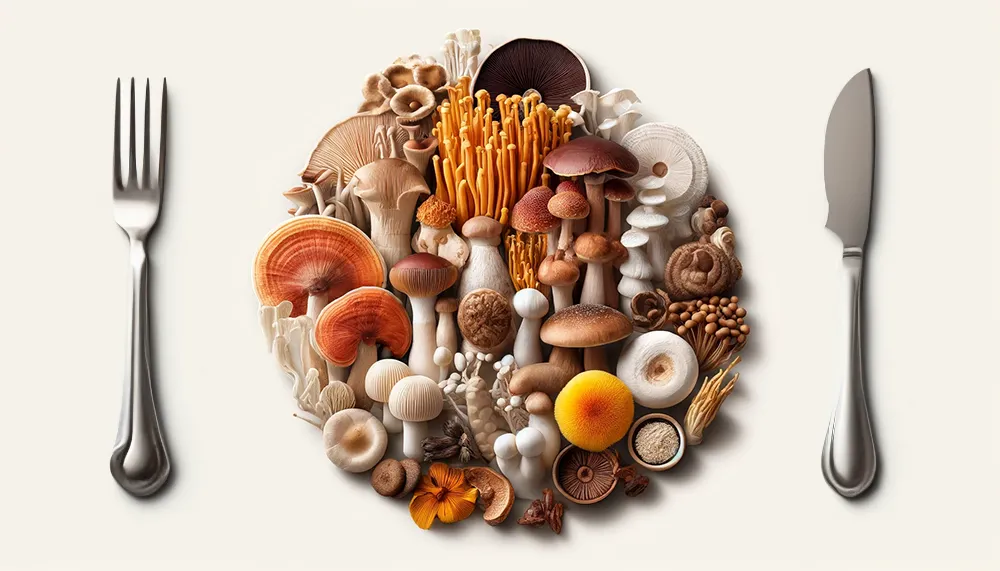 Various medicinal mushrooms including Reishi, Lion’s Mane, and Cordyceps.